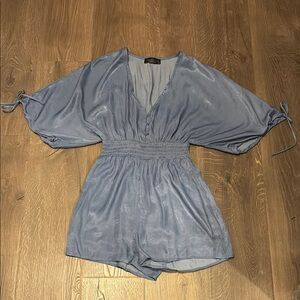 Blue V-Neck Romper with Short Sleeves